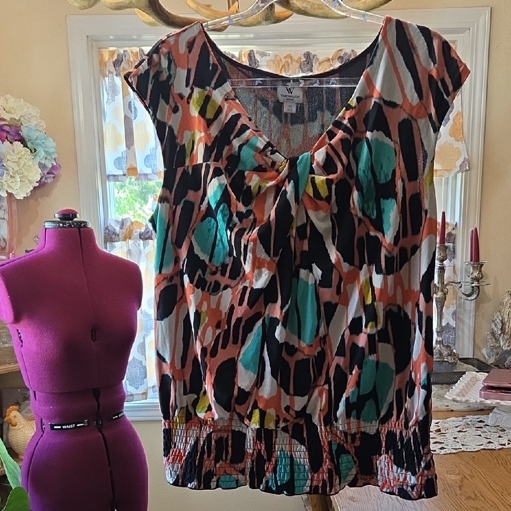 Worthington Blue and Brown Ruched Cap Sleeve Blouse